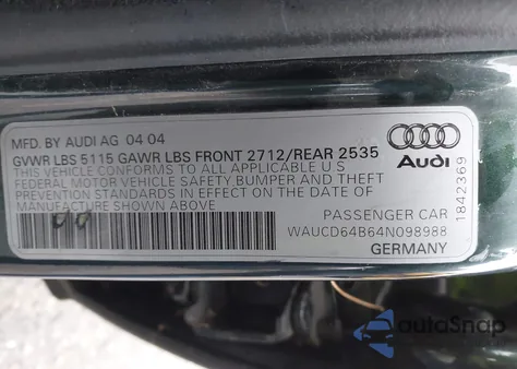 2004 Audi A6 2.7T S-Line z USA, uszkodzony, nr VIN WAUCD64B64N098988